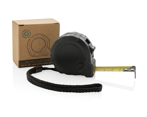 3m/16mm Maßband mit Stop-Taste aus RCS recycelt. Kunststoff schwarz bedrucken, Art.-Nr. P112.121