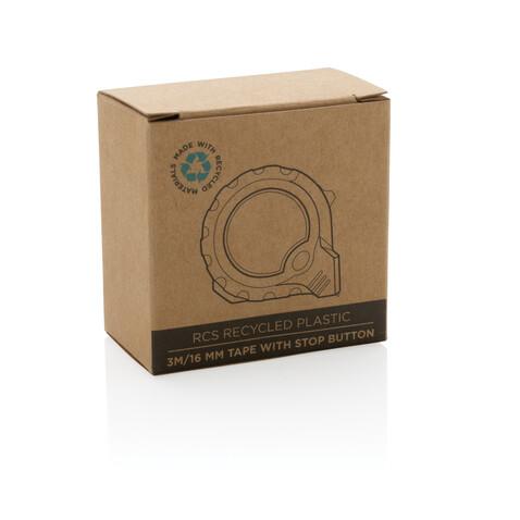 3m/16mm Maßband mit Stop-Taste aus RCS recycelt. Kunststoff schwarz bedrucken, Art.-Nr. P112.121