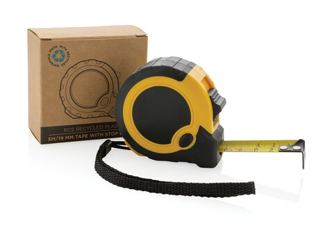 5m/19mm Maßband mit Stop-Taste aus RCS recycelt. Kunststoff gelb, schwarz bedrucken, Art.-Nr. P112.136