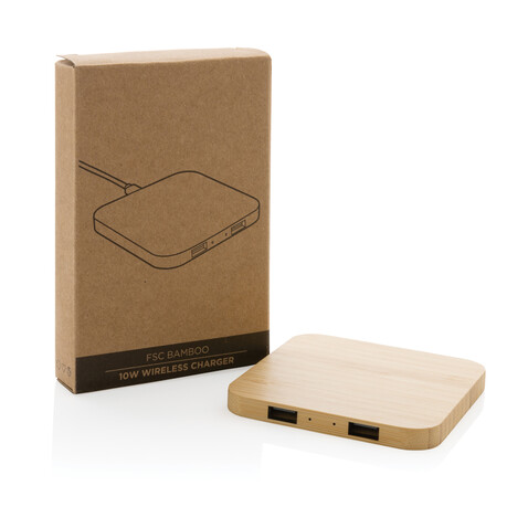 10W Wireless-Charger mit USB aus Bambus braun bedrucken, Art.-Nr. P308.379
