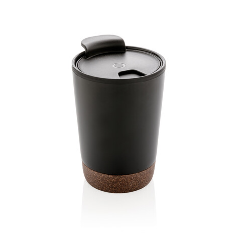 GRS rPP Edelstahl-Kaffeebecher mit Kork schwarz bedrucken, Art.-Nr. P435.071
