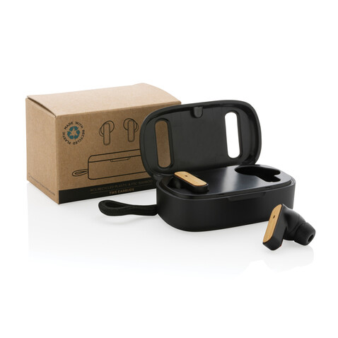TWS-Ohrhörer aus recyceltem RCS-Kunststoff und Bambus schwarz bedrucken, Art.-Nr. P329.861
