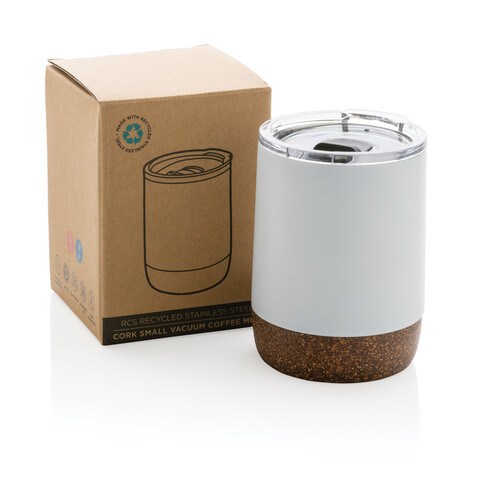 Kleine Vakuum-Kaffeetasse aus RCS rSteel &amp; Kork weiß bedrucken, Art.-Nr. P435.053