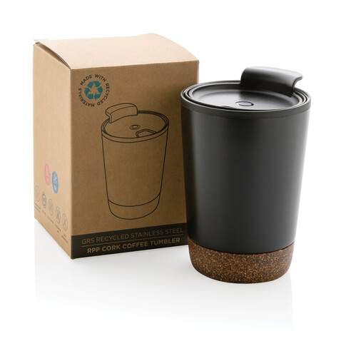 GRS rPP Edelstahl-Kaffeebecher mit Kork schwarz bedrucken, Art.-Nr. P435.071