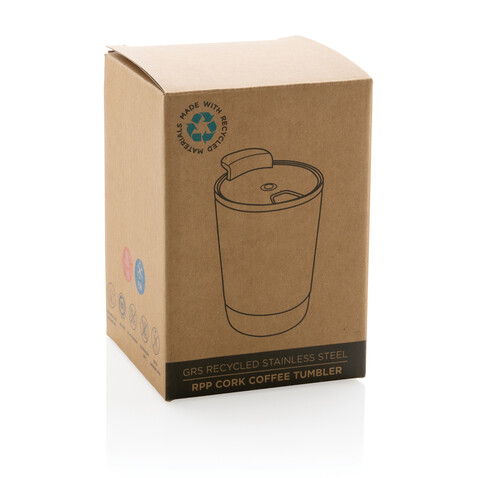 GRS rPP Edelstahl-Kaffeebecher mit Kork schwarz bedrucken, Art.-Nr. P435.071