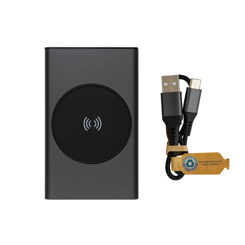 Terra 5000mAh Powerbank aus RCS Aluminium, 5W Wireless grau bedrucken, Art.-Nr. P322.642