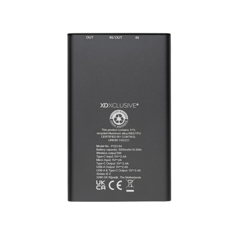 Terra 5000mAh Powerbank aus RCS Aluminium, 5W Wireless grau bedrucken, Art.-Nr. P322.642