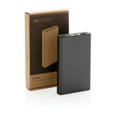 Terra 5.000 mAhPowerbank aus RCS recyceltem Aluminium grau bedrucken, Art.-Nr. P322.682