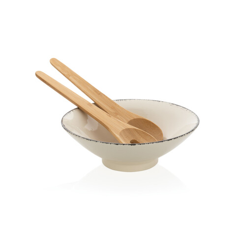 Ukiyo Salatschüssel Mit Bambus Salatbesteck weiß, schwarz bedrucken, Art.-Nr. P263.091