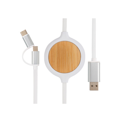 3-in-1 Kabel mit 5W Bambus Wireless Charger weiß bedrucken, Art.-Nr. P302.253