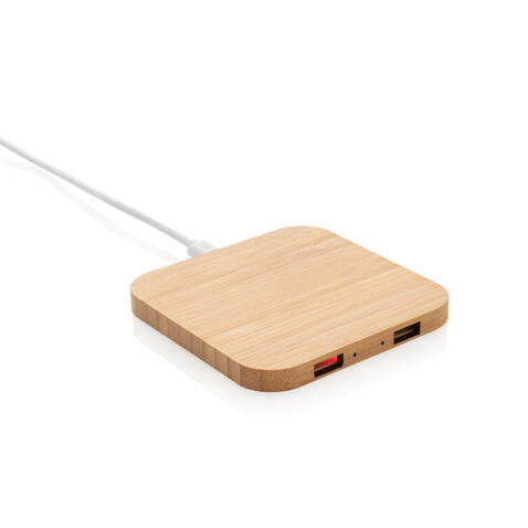 5W-Wireless-Charger aus Bambus mit USB braun bedrucken, Art.-Nr. P308.149