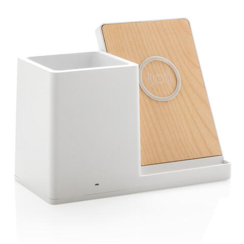 Ontario 10W Wireless Charger aus Bambus und RCS Kunststoff weiß bedrucken, Art.-Nr. P308.403