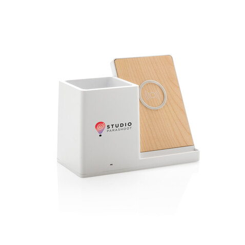 Ontario 10W Wireless Charger aus Bambus und RCS Kunststoff weiß bedrucken, Art.-Nr. P308.403