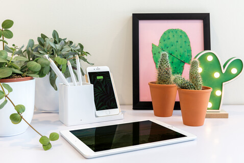 Ontario 10W Wireless Charger aus Bambus und RCS Kunststoff weiß bedrucken, Art.-Nr. P308.403