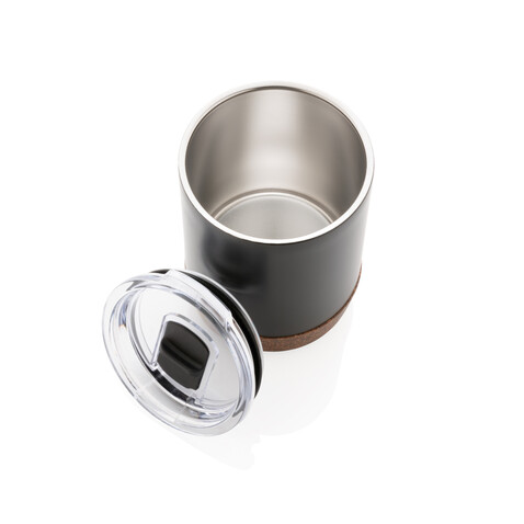 Kleine Vakuum-Kaffeetasse aus RCS rSteel &amp; Kork schwarz bedrucken, Art.-Nr. P435.051