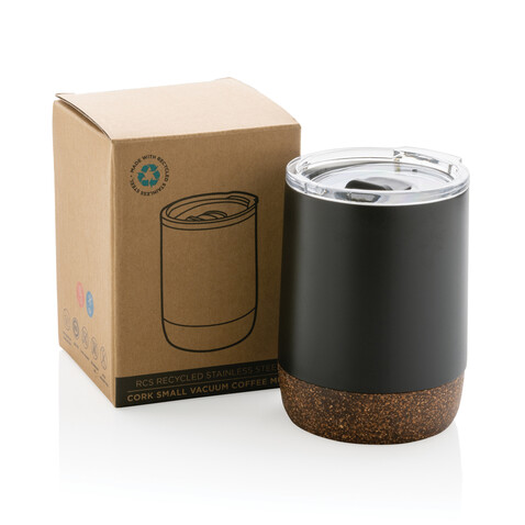 Kleine Vakuum-Kaffeetasse aus RCS rSteel &amp; Kork schwarz bedrucken, Art.-Nr. P435.051