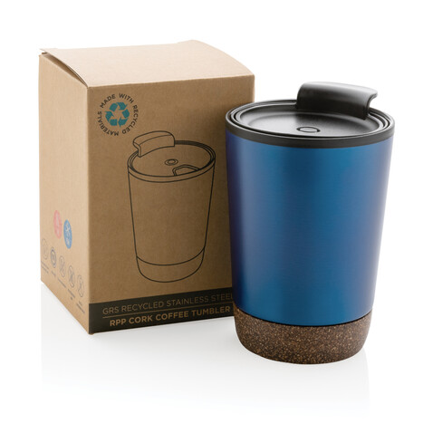 GRS rPP Edelstahl-Kaffeebecher mit Kork blau bedrucken, Art.-Nr. P435.075