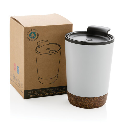 GRS rPP Edelstahl-Kaffeebecher mit Kork weiß bedrucken, Art.-Nr. P435.073