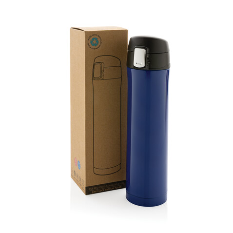 Easy Lock Vakuum-Flasche aus RCS recyceltem Stahl blau bedrucken, Art.-Nr. P435.505