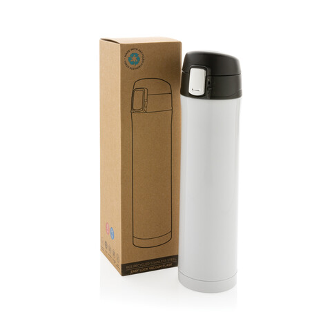 Easy Lock Vakuum-Flasche aus RCS recyceltem Stahl weiß bedrucken, Art.-Nr. P435.503