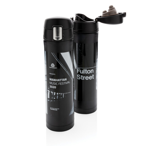 Easy Lock Vakuum-Flasche aus RCS recyceltem Stahl schwarz bedrucken, Art.-Nr. P435.501