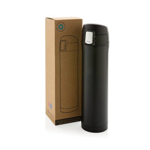 Easy Lock Vakuum-Flasche aus RCS recyceltem Stahl schwarz bedrucken, Art.-Nr. P435.501
