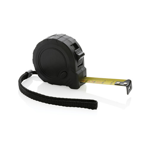 3m/16mm Maßband mit Stop-Taste aus RCS recycelt. Kunststoff schwarz bedrucken, Art.-Nr. P112.121