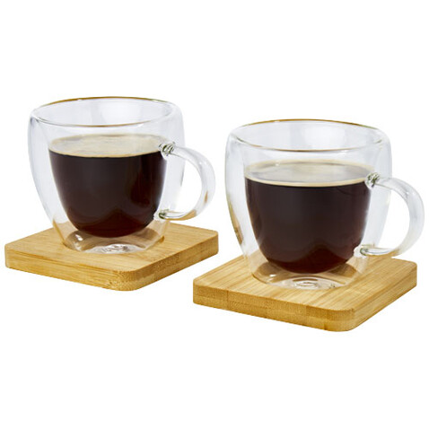 Manti 2-teiliger 100 ml doppelwandiger Glasbecher mit Bambusuntersetzer, transparent, natural bedrucken, Art.-Nr. 11331401