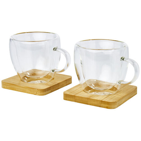 Manti 2-teiliger 100 ml doppelwandiger Glasbecher mit Bambusuntersetzer, transparent, natural bedrucken, Art.-Nr. 11331401