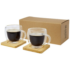 Manti 2-teiliger 250 ml doppelwandiger Glasbecher mit Bambusuntersetzer, transparent, natural bedrucken, Art.-Nr. 11331501