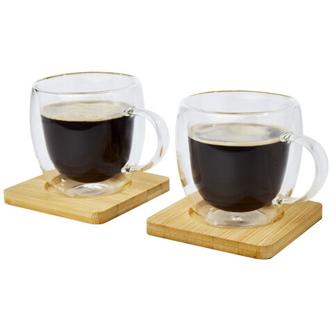 Manti 2-teiliger 250 ml doppelwandiger Glasbecher mit Bambusuntersetzer, transparent, natural bedrucken, Art.-Nr. 11331501