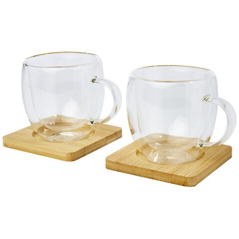 Manti 2-teiliger 250 ml doppelwandiger Glasbecher mit Bambusuntersetzer, transparent, natural bedrucken, Art.-Nr. 11331501
