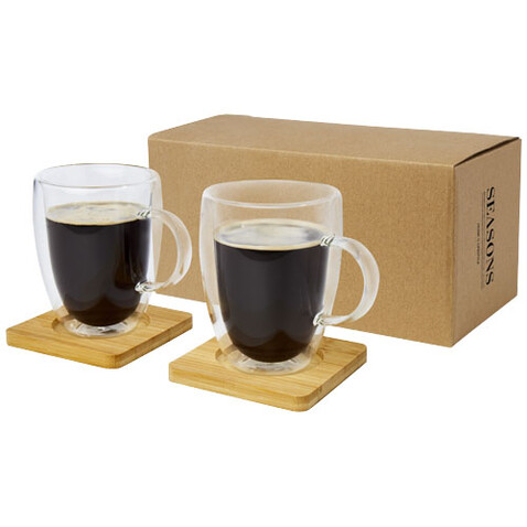 Manti 2-teiliger 350 ml doppelwandiger Glasbecher mit Bambusuntersetzer, transparent, natural bedrucken, Art.-Nr. 11331601