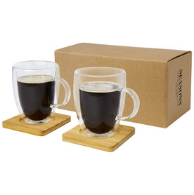 Manti 2-teiliger 350 ml doppelwandiger Glasbecher mit Bambusuntersetzer, transparent, natural bedrucken, Art.-Nr. 11331601