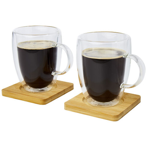 Manti 2-teiliger 350 ml doppelwandiger Glasbecher mit Bambusuntersetzer, transparent, natural bedrucken, Art.-Nr. 11331601