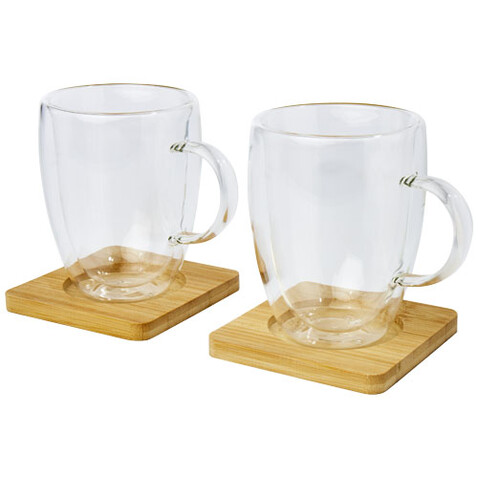 Manti 2-teiliger 350 ml doppelwandiger Glasbecher mit Bambusuntersetzer, transparent, natural bedrucken, Art.-Nr. 11331601