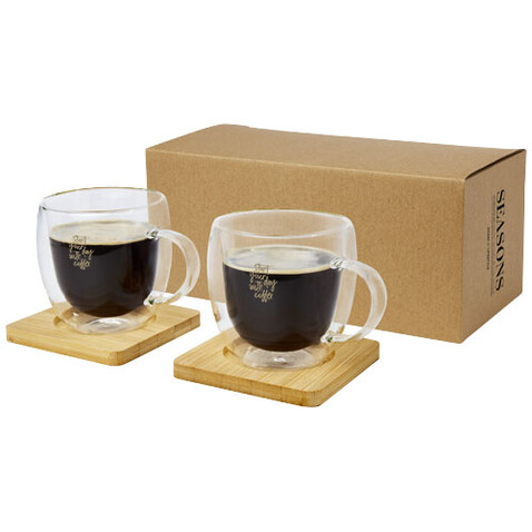 Manti 2-teiliger 250 ml doppelwandiger Glasbecher mit Bambusuntersetzer, transparent, natural bedrucken, Art.-Nr. 11331501