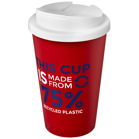 Americano® Eco 350 ml recycelter Becher mit auslaufsicherem Deckel, rot, weiss bedrucken, Art.-Nr. 21042512 Americano® Eco 350 ml recycelter Becher mit auslaufsicherem Deckel, rot, weiss bedrucken, Art.-Nr. 21042512