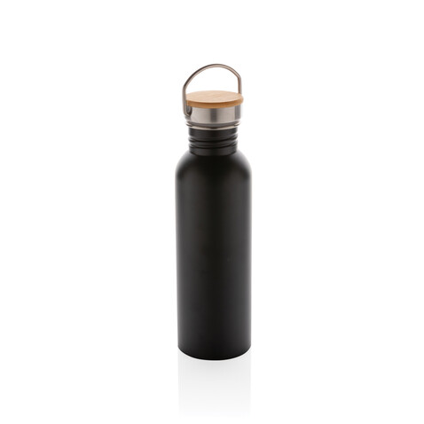 Moderne Stainless-Steel Flasche mit Bambusdeckel schwarz bedrucken, Art.-Nr. P436.831