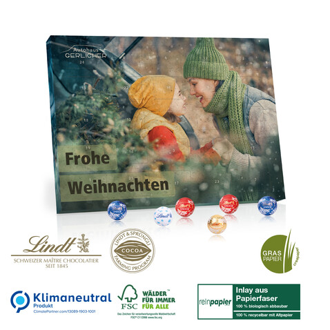 Adventskalender aus Graspapier mit Lindt Schokolade „Gourmet Edition“ Organic, Klimaneutral, FSC® bedrucken, Art.-Nr. 55338-W