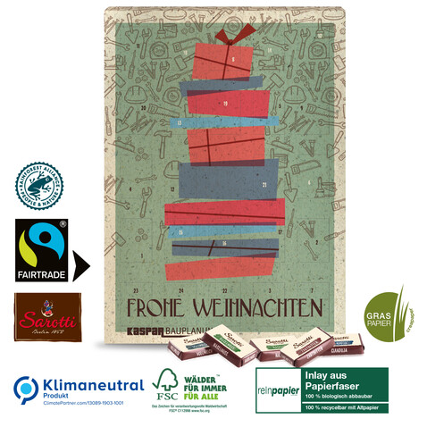 Wand-Adventskalender aus Graspapier mit Fairtrade-Kakao Organic, Klimaneutral, FSC® bedrucken, Art.-Nr. 55339-W