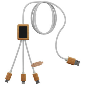 SCX.design C39 3-in-1-Ladekabel aus rPET mit Leuchtlogo und Bambusgehäuse, weiss bedrucken, Art.-Nr. 2PX10801 SCX.design C39 3-in-1-Ladekabel aus rPET mit Leuchtlogo und Bambusgehäuse, weiss bedrucken, Art.-Nr. 2PX10801