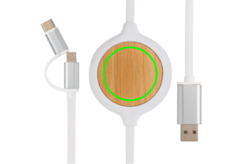 3-in-1 Kabel mit 5W Bambus Wireless Charger weiß bedrucken, Art.-Nr. P302.253