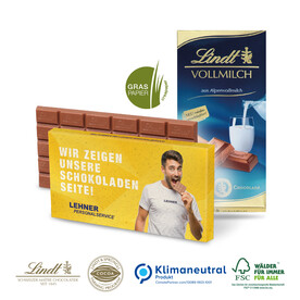 Premium Schokolade von Lindt auf Graspapier, 100 g, Klimaneutral, FSC® bedrucken, Art.-Nr. 91270-Graspapier