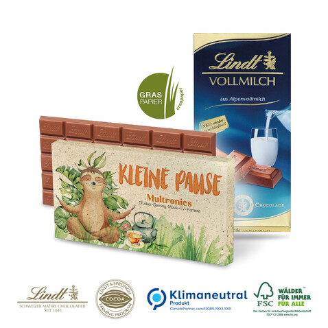 Premium Schokolade von Lindt auf Graspapier, 100 g, Klimaneutral, FSC® bedrucken, Art.-Nr. 91270-Graspapier