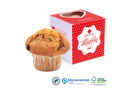 Muffin „Maxi“ im Werbe-Würfel mit Herzstanzung, Klimaneutral, FSC® bedrucken, Art.-Nr. 91482