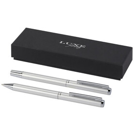 Lucetto Set mit Kugelschreiber und Tintenroller aus recyceltem Aluminium (schwarze Mine), silber bedrucken, Art.-Nr. 10783881