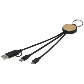 Tecta 6-in-1 Ladekabel mit Schlüsselring aus recyceltem Kunststoff und Bambus, schwarz bedrucken, Art.-Nr. 12432590 Tecta 6-in-1 Ladekabel mit Schlüsselring aus recyceltem Kunststoff und Bambus, schwarz bedrucken, Art.-Nr. 12432590