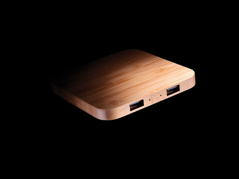 10W Wireless-Charger mit USB aus Bambus braun bedrucken, Art.-Nr. P308.379