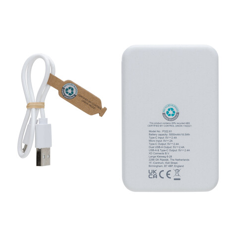 5.000mAh Powerbank aus RCS recyceltem Kunststoff weiß bedrucken, Art.-Nr. P322.613